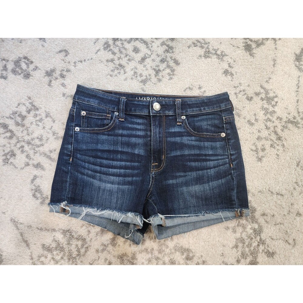 American Eagle Super Stretch Jean Shorts Hi-Rise Shortie Size 4 Blue Distressed